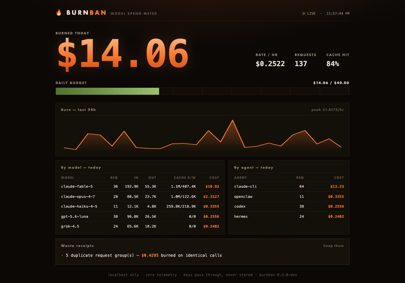 Real local Burnban dashboard showing burned today, budget headroom, request count, burn chart, model and agent tables, and waste receipts
